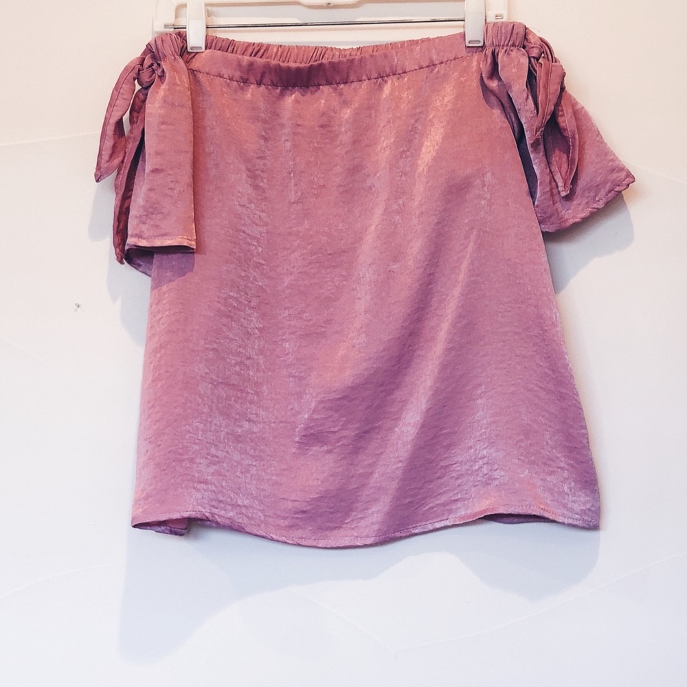 Off the shoulder pink silk shirt